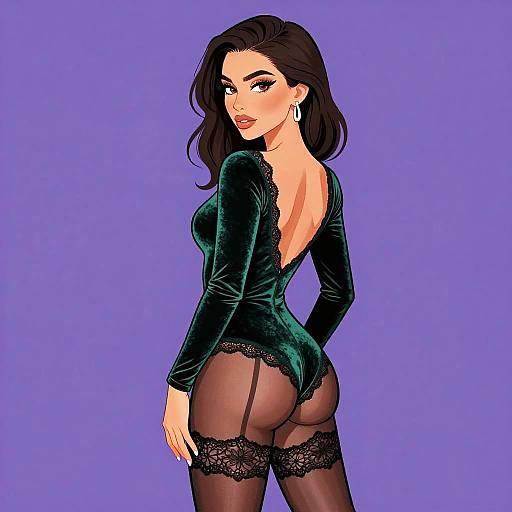 Woman in Emerald Green Velvet Bodysuit with Lace Stockings