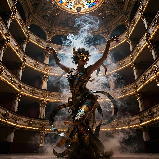 Digital art of a mystical dancer in a lavish, illuminated theater, surrounded by swirling smoke, wearing ornate, dark, gold-trimmed attire.