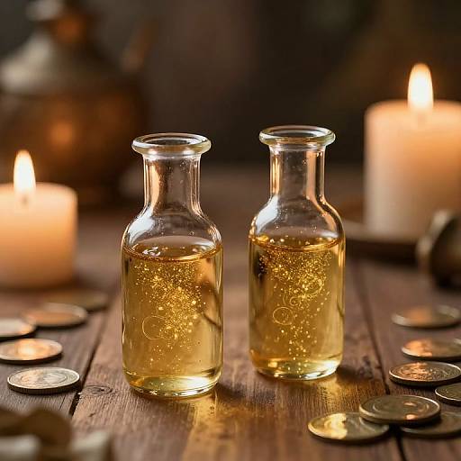 Photograph of two glass bottles with golden liquid, bubbles, and coins, surrounded by lit candles on a wooden table.