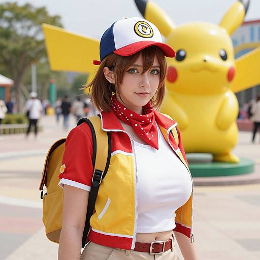 Photograph of a cosplay woman with brown hair, red-white-yellow jacket, red bandana, and baseball cap, standing in front of a large Pikachu