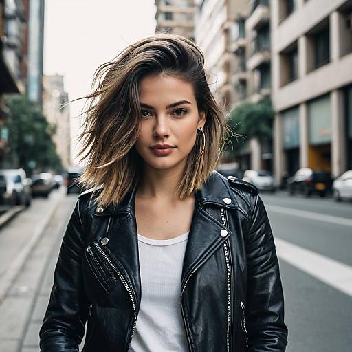 Young Woman with Temple Fade Hairstyle Wearing Leather Jacket