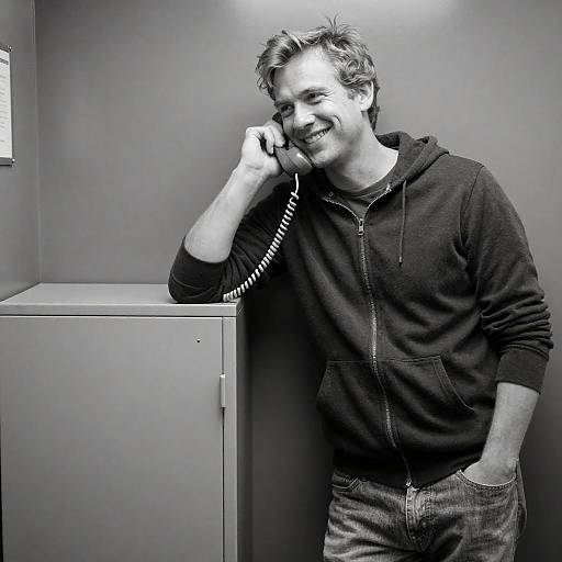 Smiling Man Leaning on Metal Cabinet