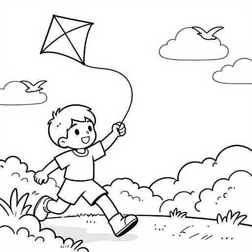 Black and white line drawing of a smiling boy flying a kite, running through grassy field with clouds in the sky.