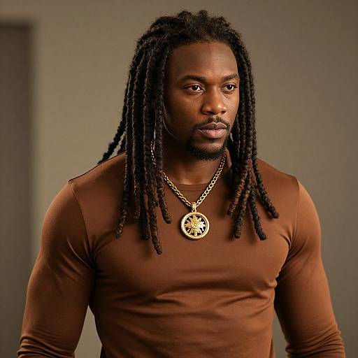 Photograph of a muscular Black man with long, twisted dreadlocks wearing a brown long-sleeve shirt and a gold chain with a circular pendant,