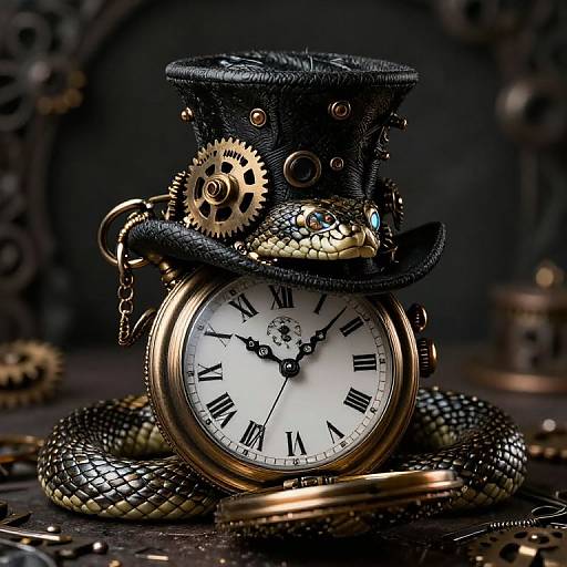 Steampunk-inspired photograph: vintage clock with black top hat, snake coiled around, gold gears, black and gold textures, dark background.