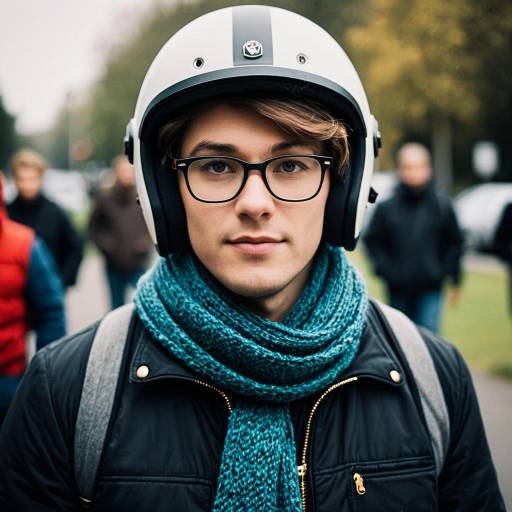 Young man wearing helmet and scarf outdoors