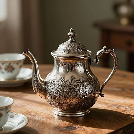Filigreed Antique Silver Teapot Scene
