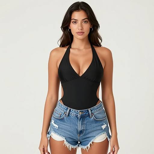 Photograph of a young woman with long dark hair, wearing a black halter top and frayed blue denim shorts, standing against a white background.