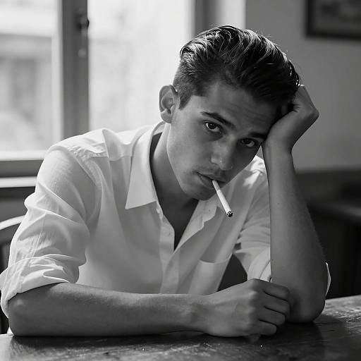 Young Man Smoking Cigarette in Black and White