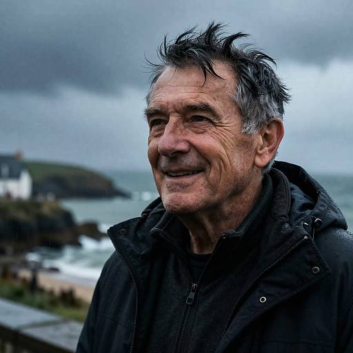 Joyful 72-Year-Old Breton on Stormy Coast