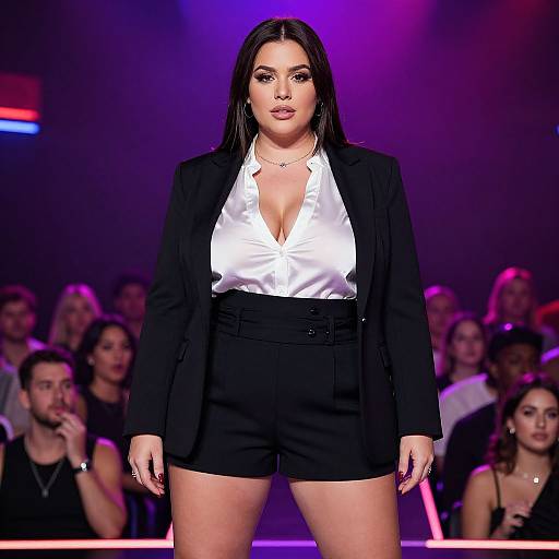 Photograph of a confident brunette woman with medium skin tone, wearing a black blazer, white plunging blouse, and black high-waisted shorts