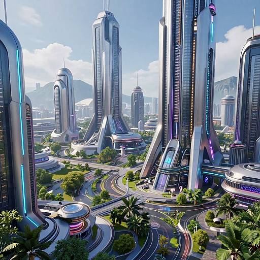 Digital artwork of a futuristic cityscape with towering, sleek skyscrapers, neon lights, winding roads, lush greenery, and clear blue sky.