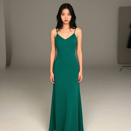 Photograph of an Asian woman with long black hair wearing a sleeveless, emerald green, floor-length dress, standing in a minimalist white studio.