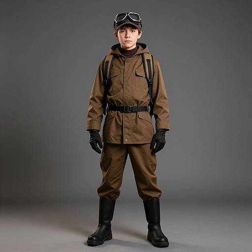 Photograph of a young boy in a brown aviator outfit with black gloves, boots, backpack, and goggles, standing against a gray background.