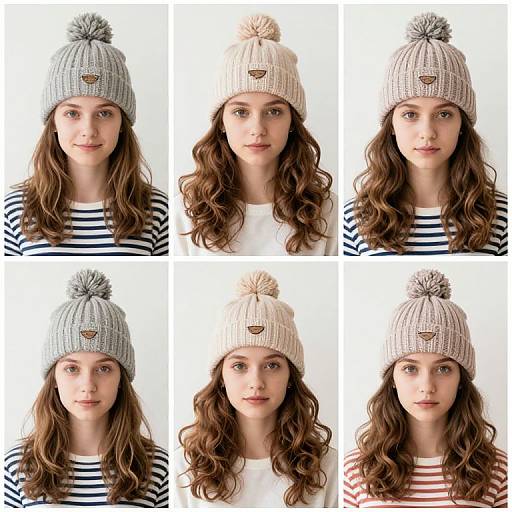 Photograph of a young white woman with long brown wavy hair, wearing six different gray knitted beanies with pom-poms, striped shirts,