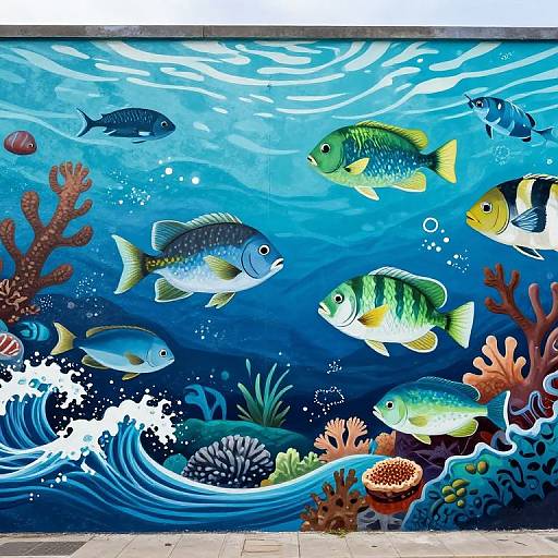 Vibrant underwater mural depicting colorful fish, coral, and ocean waves in dynamic blue and green hues, set against a tiled wall.
