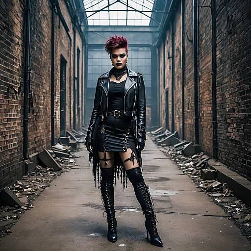 Gothic Woman in Leather Outfit in Abandoned Warehouse