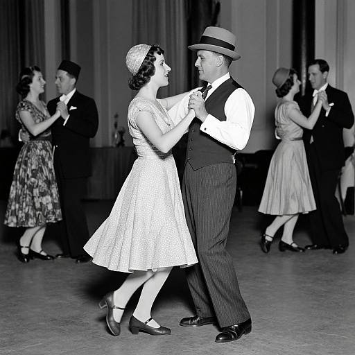 Black-and-white photograph of a 1940s-style dance. Couple in center, man in vest and fedora, woman in dress and hat,