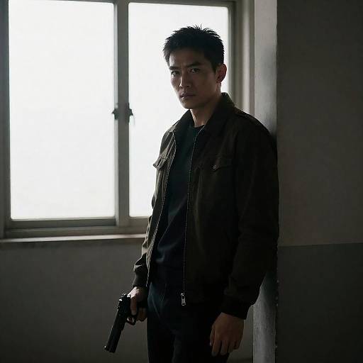 Photograph of a serious Asian man with short black hair, wearing a dark jacket and holding a gun, standing in front of a bright window in a
