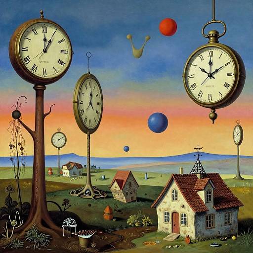 Whimsical digital painting of a countryside with floating clocks, colorful balloons, and a quaint house under a sunset sky.