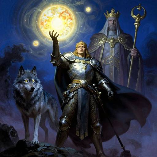 Digital fantasy artwork of a blonde woman in silver armor, holding a glowing moon, with a wolf and a crowned, robed figure with a staff in