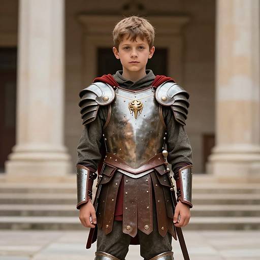 Photograph of a young boy with light brown hair, wearing medieval-style silver armor and brown leather, standing in front of grand columns. Serious expression,