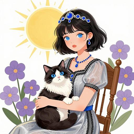 Serene Young Woman with Cat and Flowers