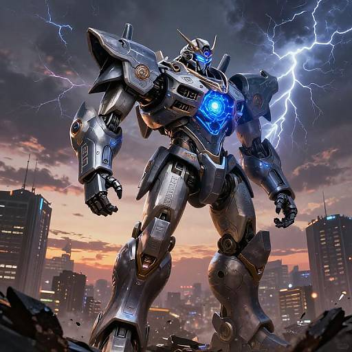 Photorealistic CGI of a towering, silver robotic warrior with glowing blue eyes and lightning bolts, standing amidst a ruined cityscape at sunset.
