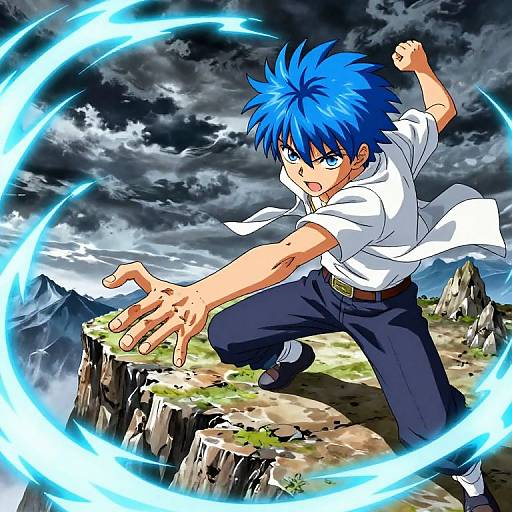 Anime-style digital artwork of a blue-haired, blue-eyed boy in a white shirt and black pants, using a glowing blue energy circle on a rocky mountain