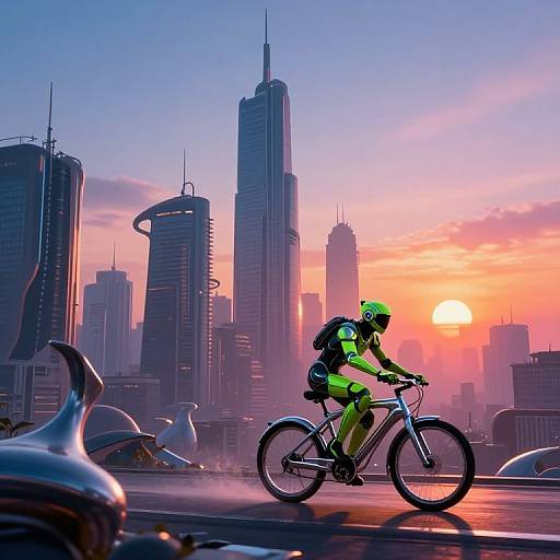 Digital artwork of a neon-green-clad cyclist with a helmet riding a bike in a futuristic cityscape at sunset, skyscrapers silhouetted
