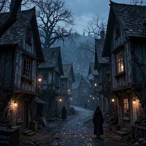 Photograph of a dark, misty, cobblestone village street at twilight, with gothic-style, wooden cottages, bare trees, and