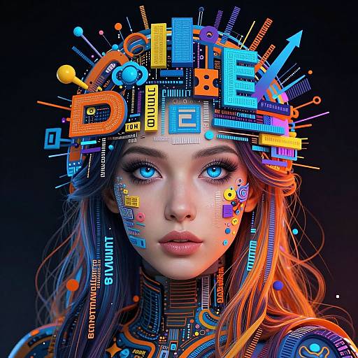 Digital art of a woman with glowing blue eyes, neon cybernetic headgear, colorful circuitry patterns, and vibrant orange and blue hues against a