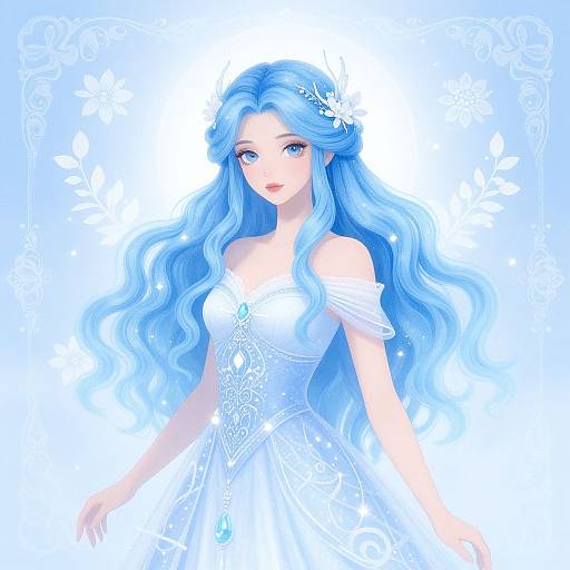 Digital anime-style drawing of a blue-haired fairy woman with long wavy hair, wearing an off-shoulder white dress with floral patterns, against a