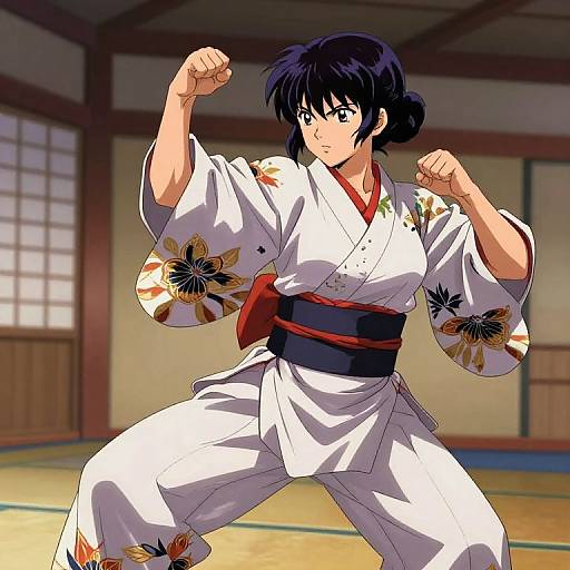 Anime-style drawing of a young woman in a white floral kimono, red obi, and black sash, striking a karate stance in a