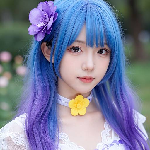 Asian woman with blue-purple hair, purple flower hairpiece, white lace dress, yellow flower choker, smiling, outdoors, blurred green background. Phot