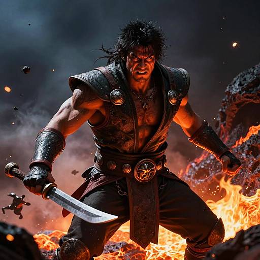 Muscular warrior with wild black hair, fiery background, wielding sword, armored chest, fierce expression, flames and rocks surrounding, intense action scene.