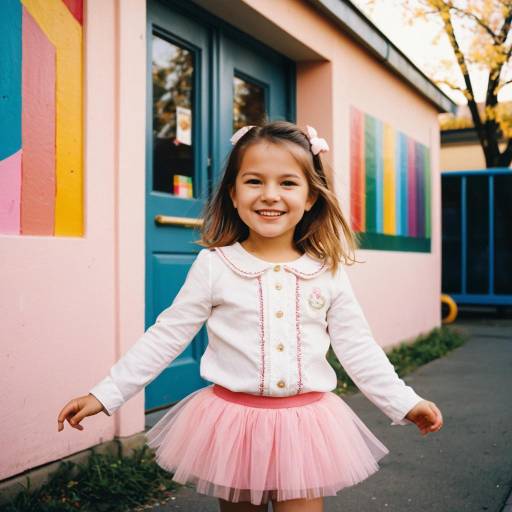 Smiling Toddler Girl in Pink Tutu Skirt Near Kindergarten