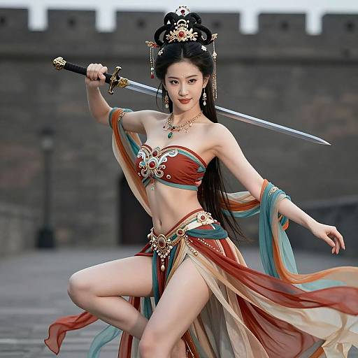 Digital art of an Asian woman in a red, ornate, strapless bikini-like outfit with blue and gold accents, holding a sword, poised in