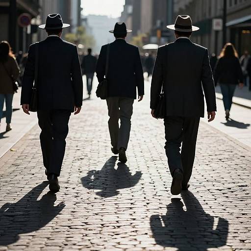 Photograph of three men in dark suits and hats walking away on a sunlit cobblestone street, casting long shadows.