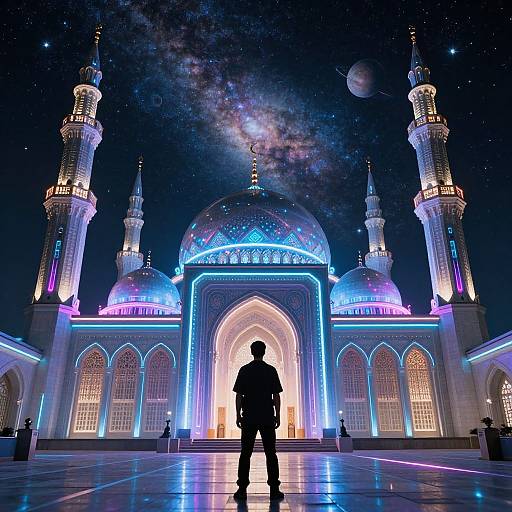 Silhouetted figure stands before a glowing, starry-night illuminated mosque with blue and purple neon lights, surrounded by a cosmic sky. Digital art