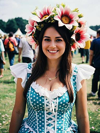 Woman in Blue Polka Dot Dress with Flower Crown at Festival