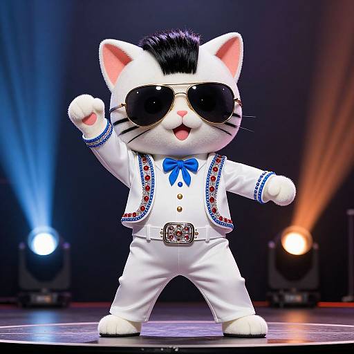 Cute cartoon cat in white suit with blue bowtie, sunglasses, and black mohawk, raising paw on stage with blue and orange lights.