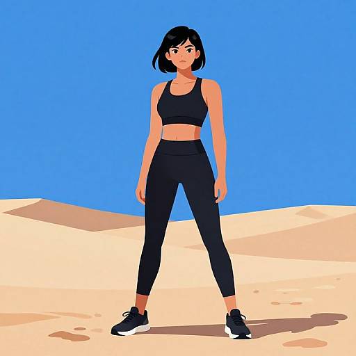 Digital illustration of a fit, young woman with short black hair, wearing a black sports bra and black leggings, standing in a bright blue sky and sandy