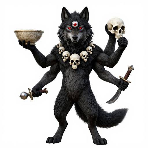 Digital illustration of a black-furred, six-armed werewolf with red eyes, holding a skull in one hand, a bowl in another, and
