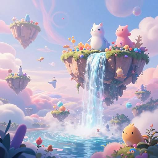 Whimsical digital art of floating islands with fluffy animals, colorful flowers, and waterfalls, set in a dreamy, pastel sky.
