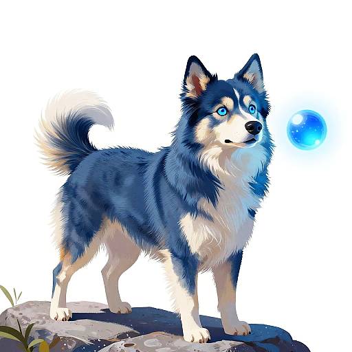 Blue Fluffy Dog with Glowing Orb