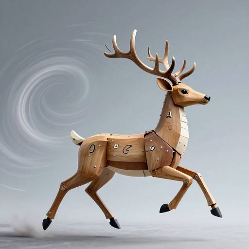 Digital artwork of a wooden, stylized reindeer with antlers, running against a swirling, gray-blue background. Reindeer has numbers and bolts
