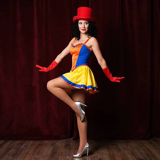 Photograph of a woman in a colorful clown costume, red hat, red gloves, yellow-blue-orange dress, fishnet stockings, silver heels, posing