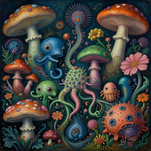 Vibrant, surreal digital artwork of colorful, whimsical mushrooms, octopuses, and creatures with oversized eyes, surrounded by intricate flowers and tendr