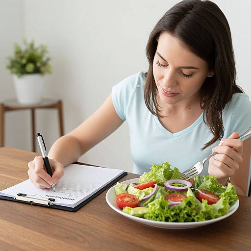 Photograph of a fair-skinned woman with dark brown hair, wearing a light blue shirt, writing in a notebook while eating a fresh salad at a